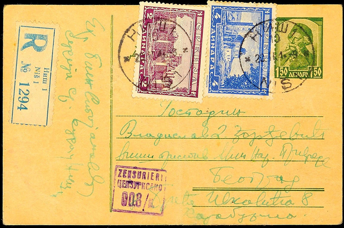 Serbia Postal Stationary Postal stationery postcard with value stamp 1 50 Din. And additional franking over 2 Din. And 4 Din. For registered fee as