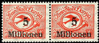 Danzig 10 000 Mark 5 millions on airmail, horizontal pair with normal stamp 5 millions on 50 000 Mark, in perfect condition mint never hinged, p -