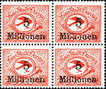 Danzig 5 million on 10 000 M., printing error with normal stamps in mint never hinged block of four, Michel 170.- plus -