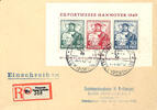 Bizone Export fair Hanover souvenir sheet with special cancel on properly franked registered letter to Berlin with arrival postmark -