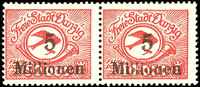 Danzig 5 million on 10 000 Mk airmail stamp, mint never hinged extremely fine copy in the pair with normal stamp (50 000 Mk original pr -
