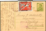 Serbien 1, 50 Din. Postal stationery postcard with single circle. BEOGRAD 25. IX. 43 and propaganda vignette Europe knows the Bolshev -