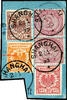 Deutsche Post in China - Vorläufer 10,25,50 Pfennig 10, 25, crown / eagle and 2 values 2 Mark indoor service, so-called cutouts with stamps from prepaid postal forms such as parc -