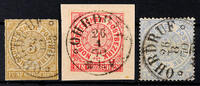 Thurn & Taxis Nachverwendungen OHRDRUF - single circle cancel, clear on three various values North German Postal District, 5 Gr. Rouletted (two sides scissor -