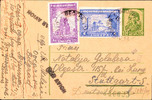 Serbien 1, 50 Din. Postal stationery postcard with additional franking 0, 50 Din. And 4 Din. And single circle. BEOGRAD 13 / 15. II. 44 -
