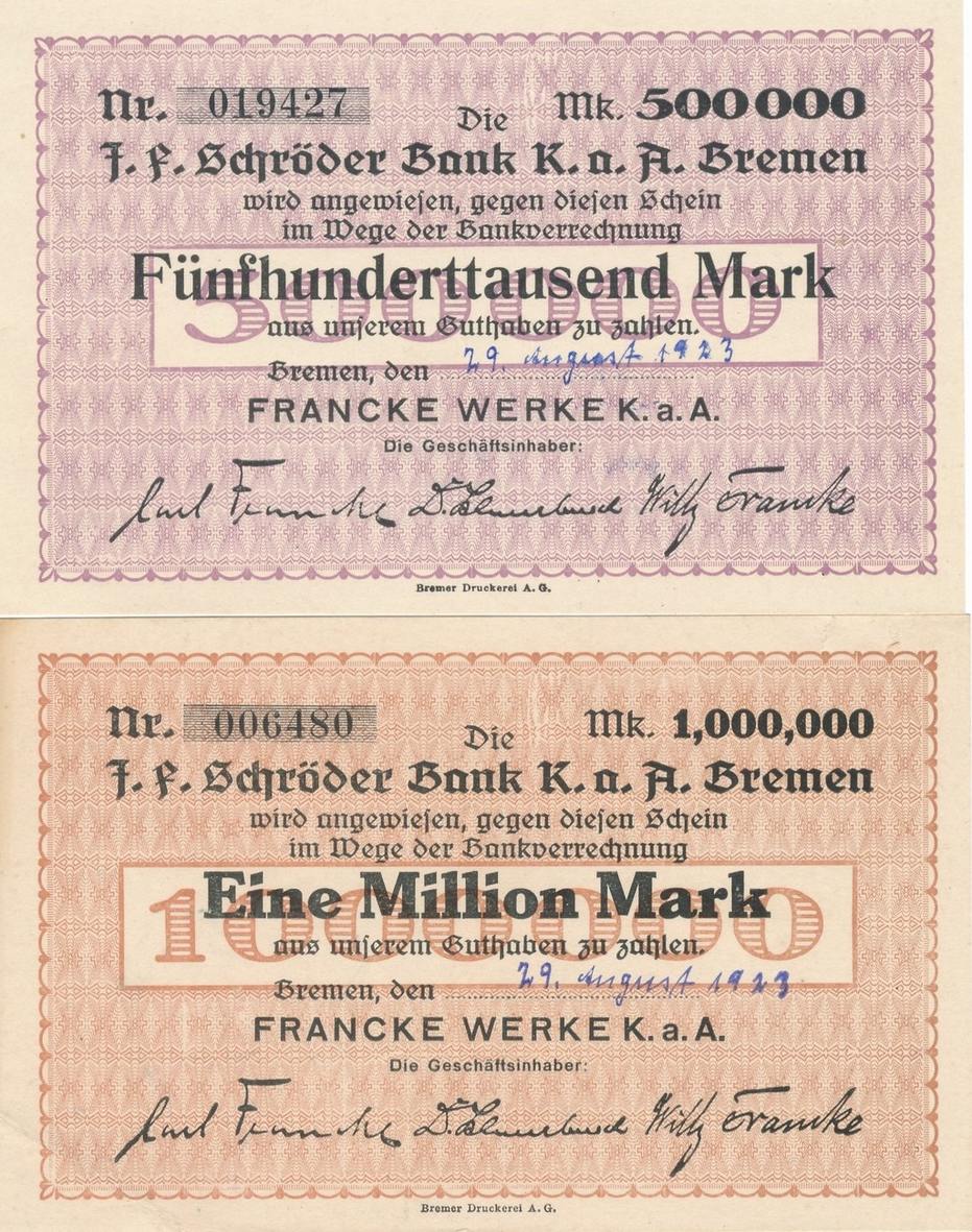 1923 Bremen Schroder Bank 500 Tsd Mark 1 Million Mark Zur