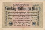 Deutschland 50 Millionen Mark Reichsbanknote KN 6stellig dunkelblau, FZ schwarz -