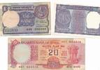Indien 3 versch.Banknoten um 1970 / 1 und 20 Rupees -