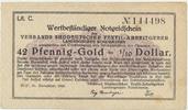 Hof Wertbeständiger Notgeldschein 42 Pfennig-Gold = 1/10 Dollar -