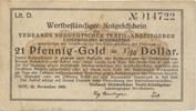 Hof Wertbeständiger Notgeldschein 21 Pfennig-Gold = 1/20 Dollar -