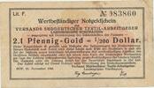 Hof Wertbeständiger Notgeldschein 2.1 Pfennig-Gold = 1/200 Dollar -