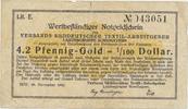 Hof wertbeständiger Notgeldschein 4.2 Pfennig-Gold = 1/100 Dollar -