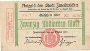 Deutschland Deutsches Reich 20 Milliarden Mark Notgeldschein Notgeld Stadt Zweibrücken, Rheinland-Pfalz -