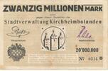 Deutschland Deutsches Reich 20 Millionen Mark Notgeldschein Notgeld Kirchheimbolanden Rheinland-Pfalz Stadtverwaltung -