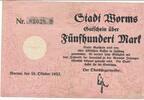 Deutschland Deutsches Reich 500 Mark Notgeldschein Notgeld Stadt Worms , Rheinland-Pfalz -