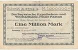 Deutschland Deutsches Reich 1 Million Mark Notgeldschein Notgeld Bayerische Hypotheken- u Wechselbank Filiale Passau Bayern -