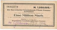 Deutschland Deutsches Reich 1 Million Mark Notgeldschein Notgeld Bayerische Vereinsbank Filiale Passau Bayern -