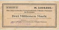 Deutschland Deutsches Reich 3 Millionen Mark Notgeldschein Notgeld Bayerische Vereinsbank Filiale Passau Bayern -