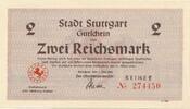 Deutschland 2 Reichsmark Notgeldschein Notgeld Stadt Stuttgart Baden Württemberg -
