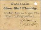 Deutschland Deutsches Reich 5 Pfennig Notgeldschein Notgeld Neustadt Wpr., Westpreussen -