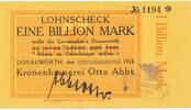 Deutschland Deutsches Reich 1 Billion Mark Notgeldschein Notgeld Donauwörth Kronenbrauerei Bayern -