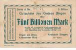 Altdeutschland Deutschland 5 Billionen Mark Notgeldschein Notgeld Kreis Bingen Hessen -
