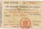 Deutschland Deutsches Reich 1 Billion Mark Notgeldschein Notgeld Radeburg Sachsen -