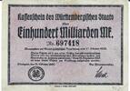 Deutschland Deutsches Reich 100 Milliarden Mark Notgeldschein Stuttgart Württemberg -