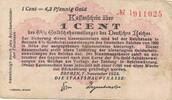 Deutsches Reich Deutschland 1 Cent , 4,2 Pfennig Gold Notgeld Staatshauptkasse Bremen -
