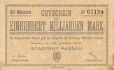 Deutsches Reich Deutschland 100 Milliarden Mark Notgeldschein Notgeld Passau Bayern -