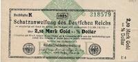 Deutsches Reich Deutschland Schatzanweisung 2.10 Mark Gold = ½ Dollar KN 6stellig, FZ: E, Udr.-Bst. Q, Wertbeständiges Notgeld -