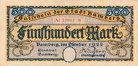 Deutsches Reich Deutschland 500 Mark Notgeldschein, Stadt Bamberg, Bayern -
