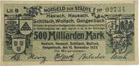 Deutschland Deutsches Reich 500 Milliarden Mark Notgeld, Stadtgemeinden Haslach, Hausach, Schiltach, Wolfach, Gengenbach, Baden -