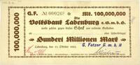 Deutschland Deutsches Reich, Baden Württemberg 100 Millionen Mark Notgeld Notgeldschein, der Stadt Ladenburg, G. Fetzer G.m.b.H. -
