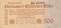 Deutsches Reich Deutschland 500 Millionen Mark, Reichsbanknote KN 6stellig , FZ schwarz: DK -