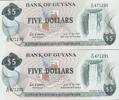 Guyana 5 Dollars zwei folgende Seriennummer, A/32 471290-1, Banknote -