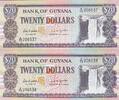 Guyana 20 Dollars zwei folgende Seriennummer, A/72 206537-8, Banknote -