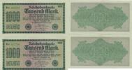 Deutsches Reich Deutschland, Weimarer Republik 2x 1000 Mark Reichsbanknote KN: 6 stellig grün FZ: MM, zwei folgende Seriennummer -