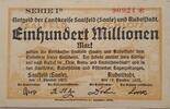 Deutschland, Deutsches Reich 100 Millionen Mark Grossnotgeld, Saalfeld Saale und Rudolfstadt, Thüringen, Landkreise, Serie IB -