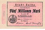 Deutsches Reich Deutschland 5 Millionen Mark Notgeldschein Stadt Fulda Hessen -