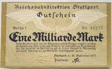 Deutschland Deutsches Reich 1 Milliarde Mark Großnotgeld, Reichsbahndirektion Stuttgart, Baden Württemberg, Reihe 1 -