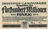 Deutsches Reich Deutschland 500 Millionen Mark Großnotgeld, Darmstadt, Hessische Landesbank, Hessen -