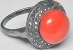 Korallenschmuck Antik, Koralle mit Markasiten Ring, Damenring -