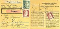 Drittes Reich, Deutschland Paketkarte mit Briefmarke Duisburg-Ruhrort -