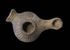 Ancient art Rare Greek pottery oil lamp w fishtail handle, 3rd.-2nd. cent. BC -