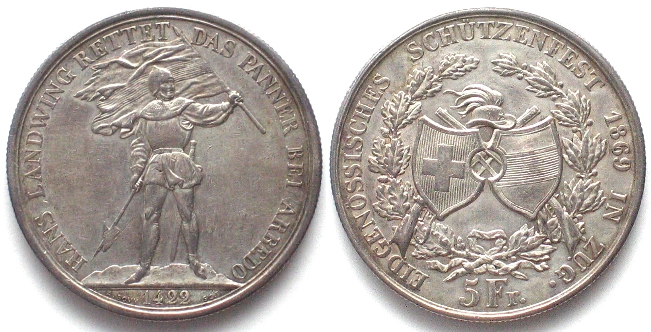 Schweiz - Schützentaler Swiss ZUG 5 Francs 1869 SHOOTING FESTIVAL silver  SCARCE! UNC-!!! | MA-Shops