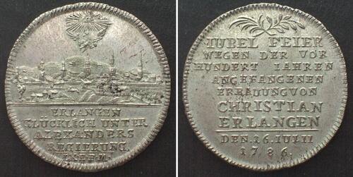 BRANDENBURG-ANSBACH 1/4 Thaler 1786, 100th Ann. NEUSTADT-ERLANGEN silver UNC!