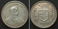 Schweiz SWITZERLAND. 5 Francs 1952 silver XF, KEY DATE! -