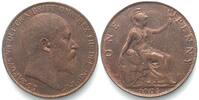 England GREAT BRITAIN Penny 1905, EDWARD VII, bronze AU! -