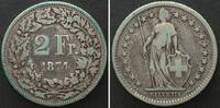 Schweiz SWITZERLAND. 2 Franken 1874 B, silver, SCARCE DATE! aVF -